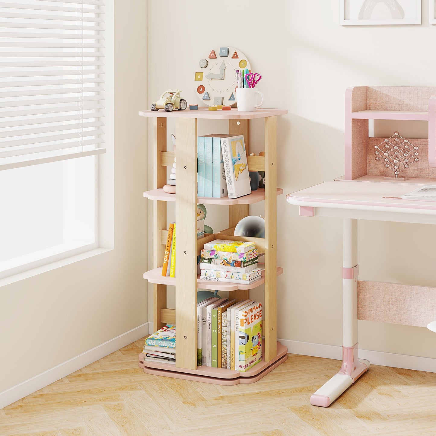 3-Tier Freestanding Corner Toddler Book Rack with 12 Sectors-Pink
