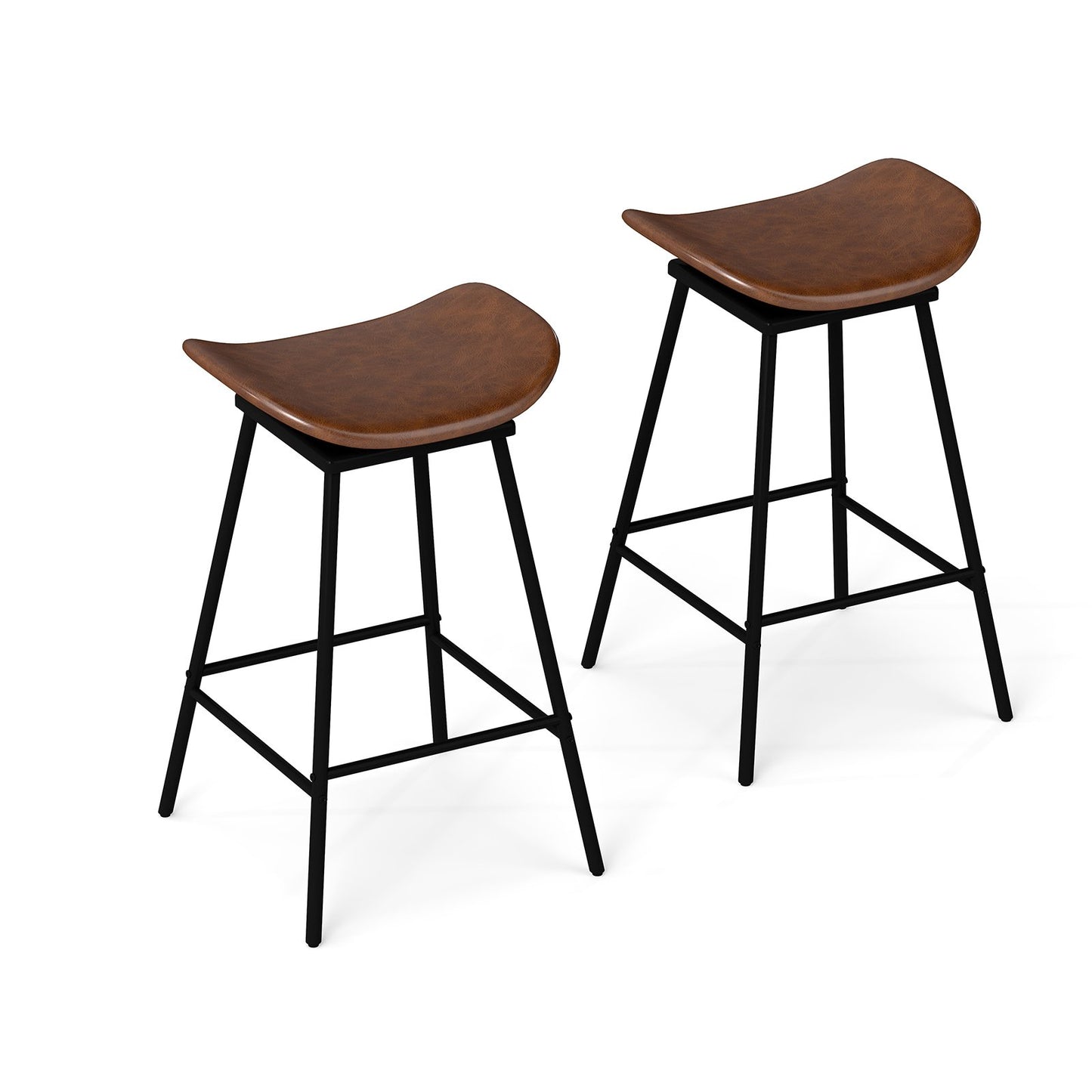 Set of 2 Swivel Barstools Faux Leather Upholstered Backless with Footrest-Black