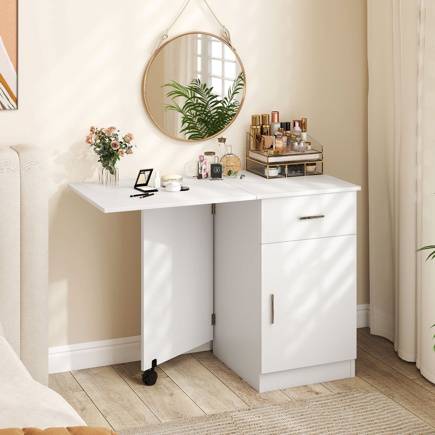 Folding Computer Desk with Drawer Mobile Home Office Desk with Cabinet-Black