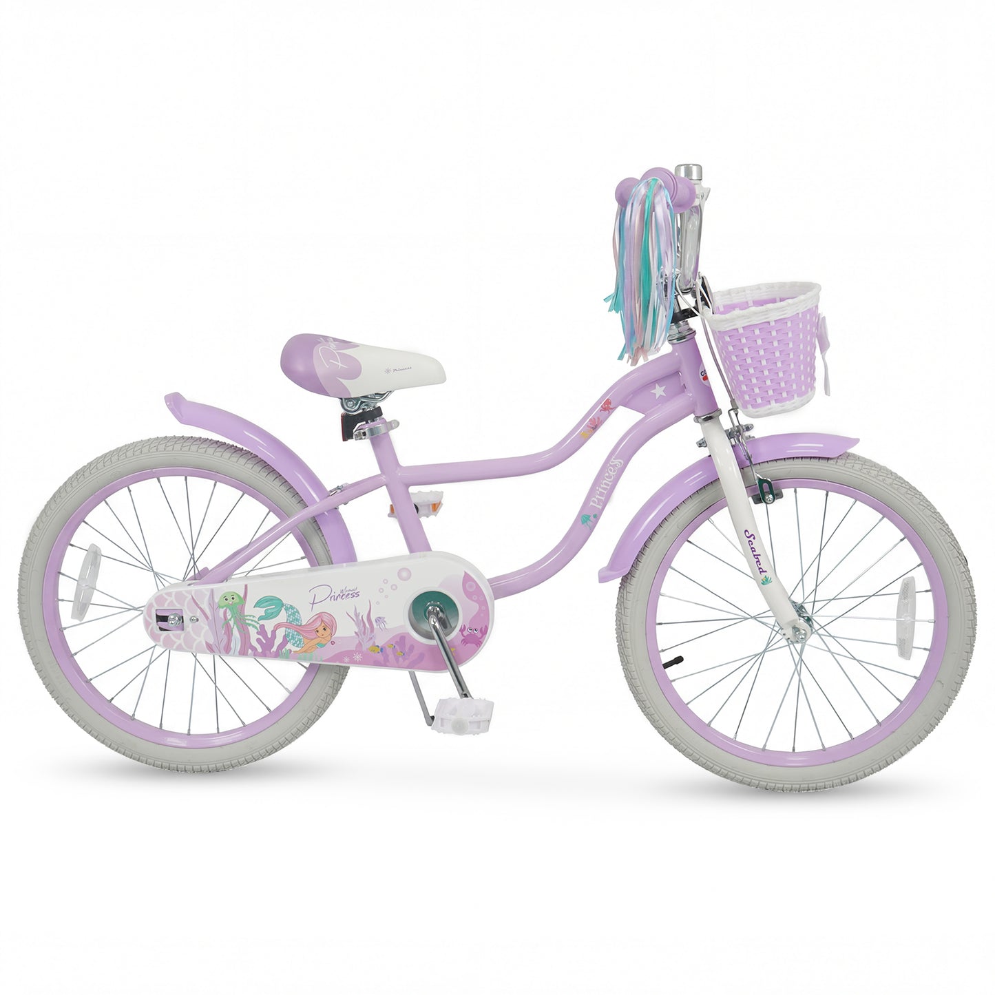 20 Inch Kids Bike Adjustable with Basket and Streamers Purple - Princess of the Sea Theme