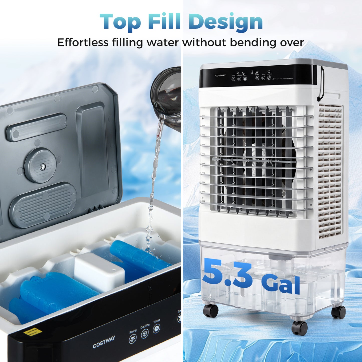 White 2100 CFM 3-in-1 evaporative air cooler with 5.3-gallon water tank, suitable for indoor and outdoor use.