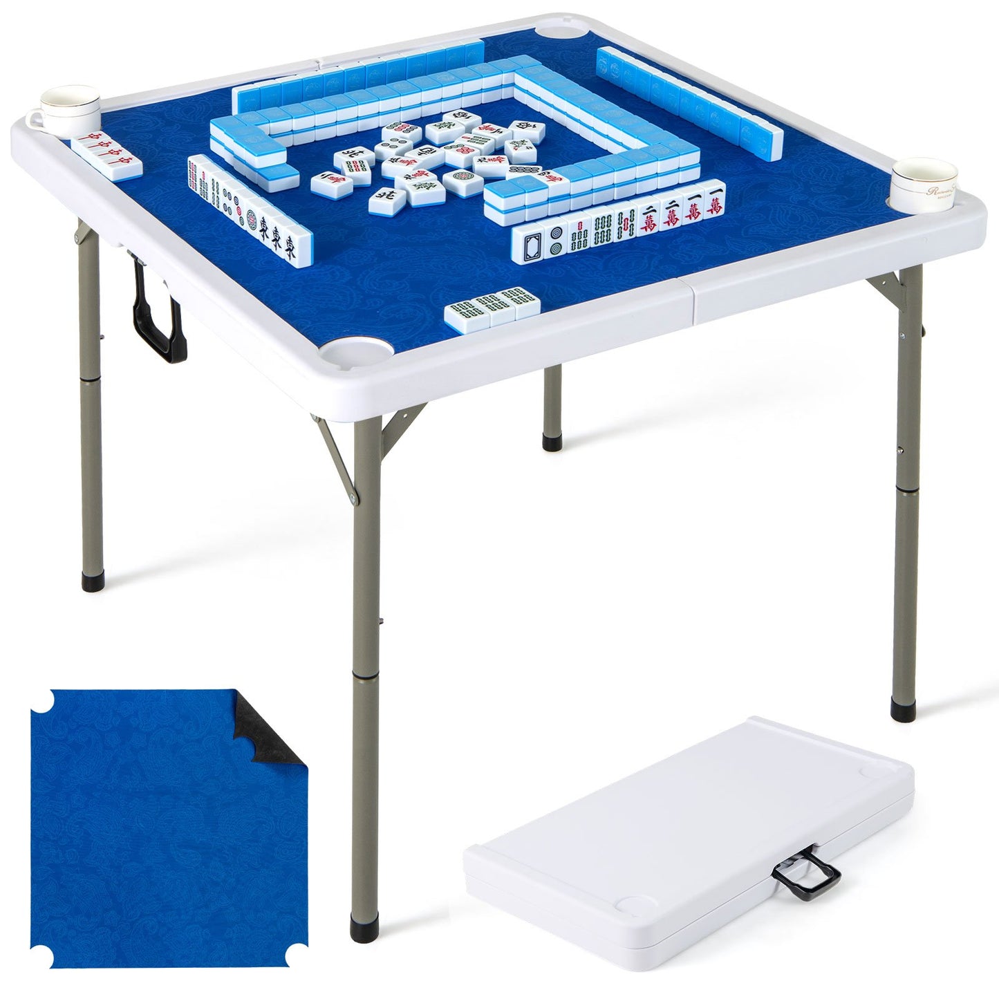 35 Inch 4 Player Game Card Folding Mahjong Table with Cup Holders-Blue