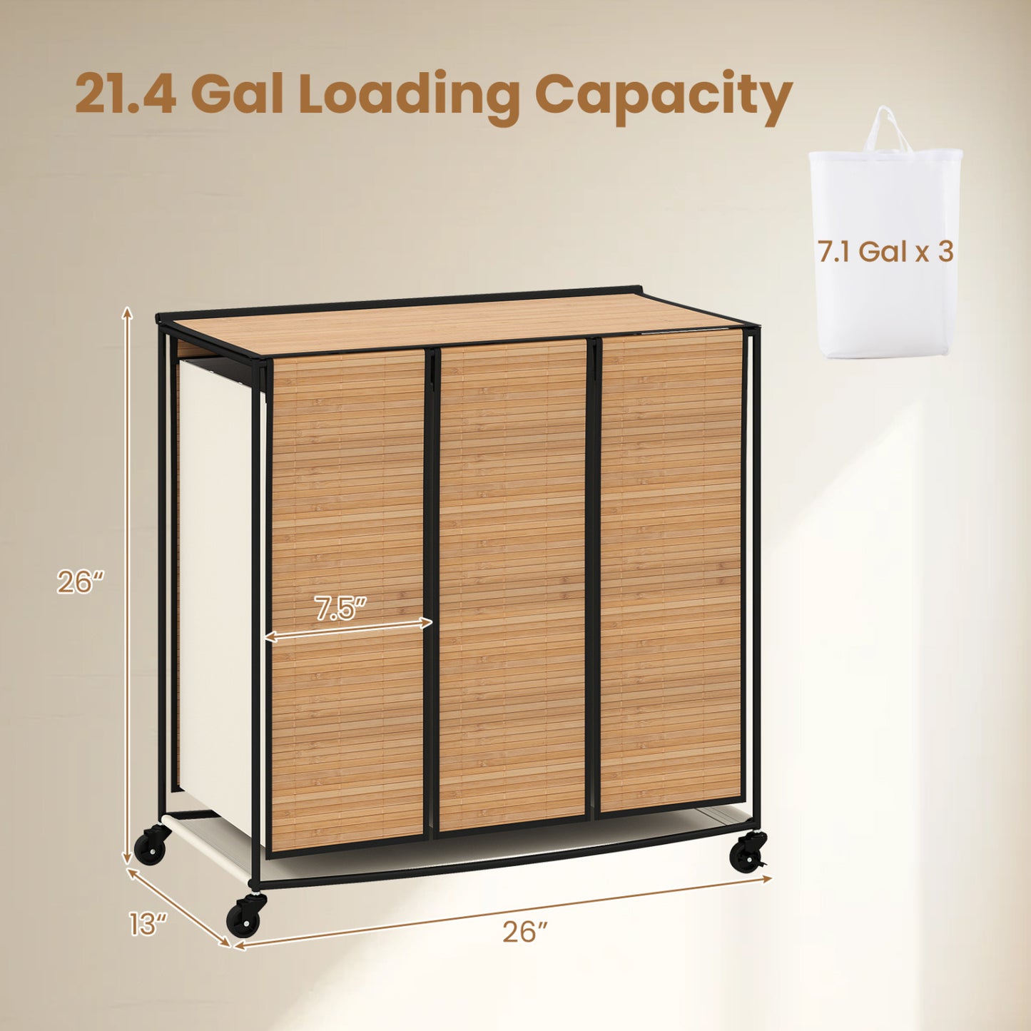 21.4 Gal Laundry Hamper with Lid 3-Section with 2 Lockable Wheels-Gray