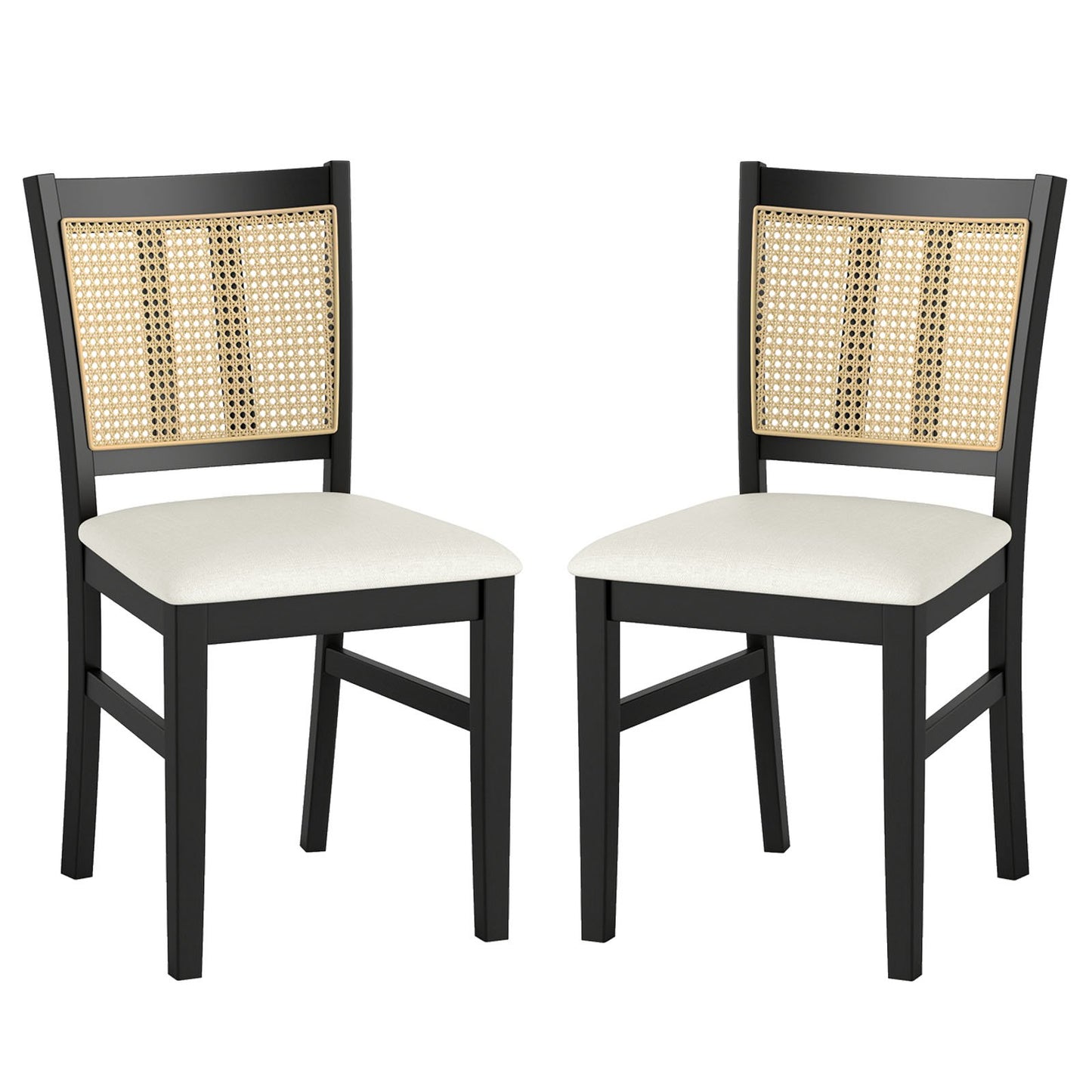 Farmhouse Rattan Dining Chair Set of 2 with Rubber Wood Legs and Cane Back-Beige