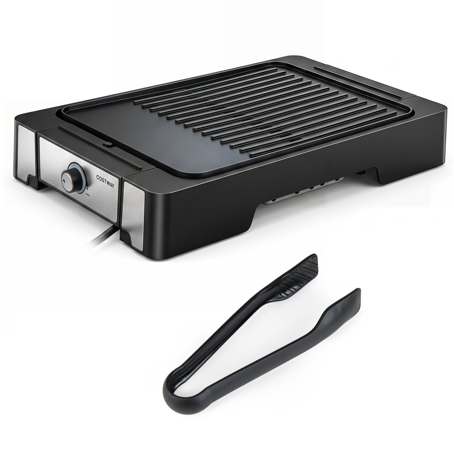 Electric griddle with 2300W power, nonstick die-cast aluminum surface for easy cooking and cleaning in the kitchen.