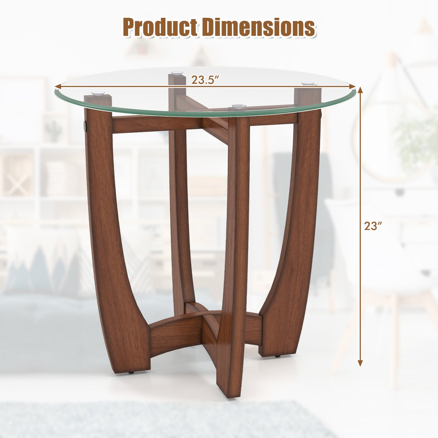 23.5 Inch Round End Side Table Set of 2 with Tempered Glass Tabletop-Walnut