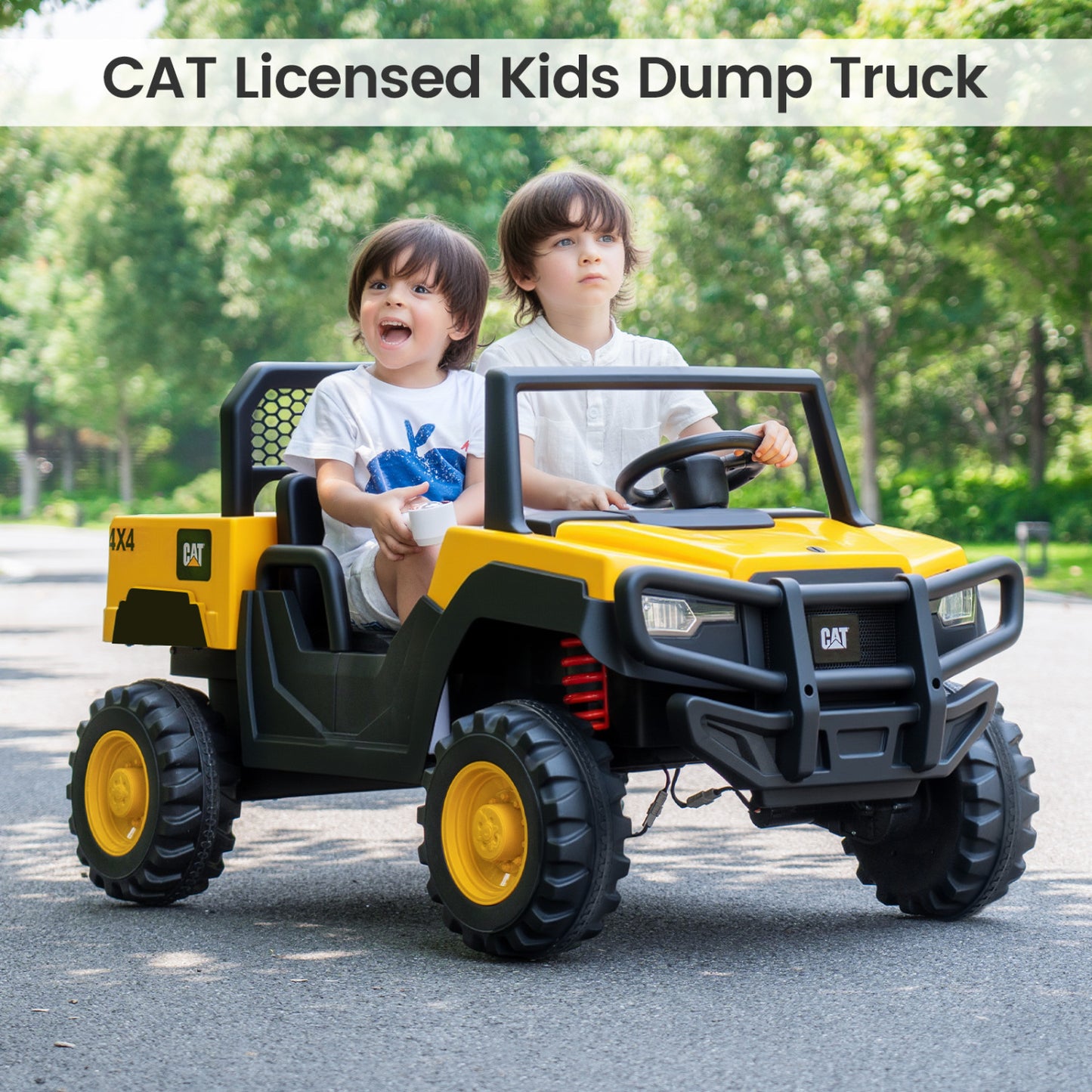 Yellow 24V Caterpillar ride-on dump truck for kids, two-seater powered toy from Wilsons Home Store, suitable for boys and girls.