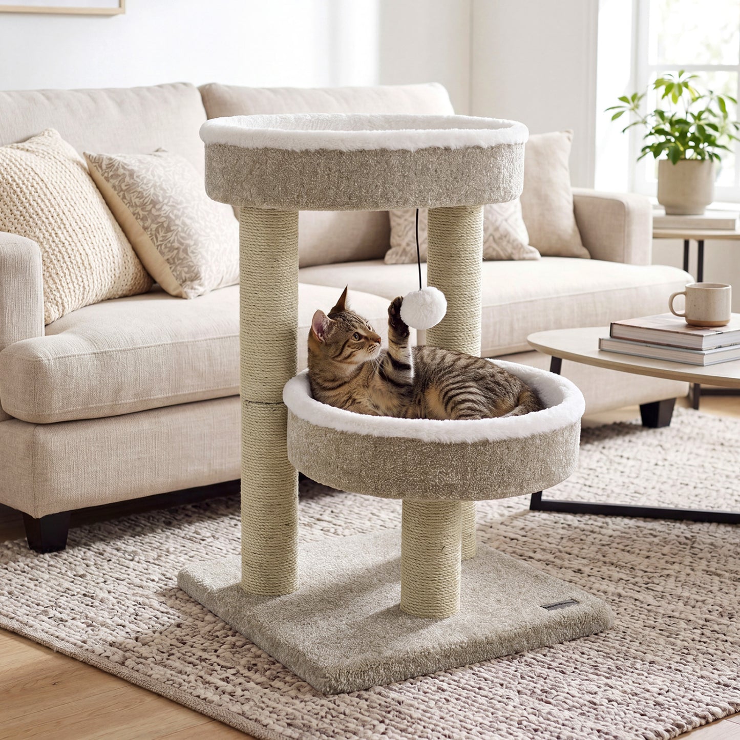 24-inch cat tower with plush perches, scratching posts, and a dangling ball for cats to climb, scratch, and play.