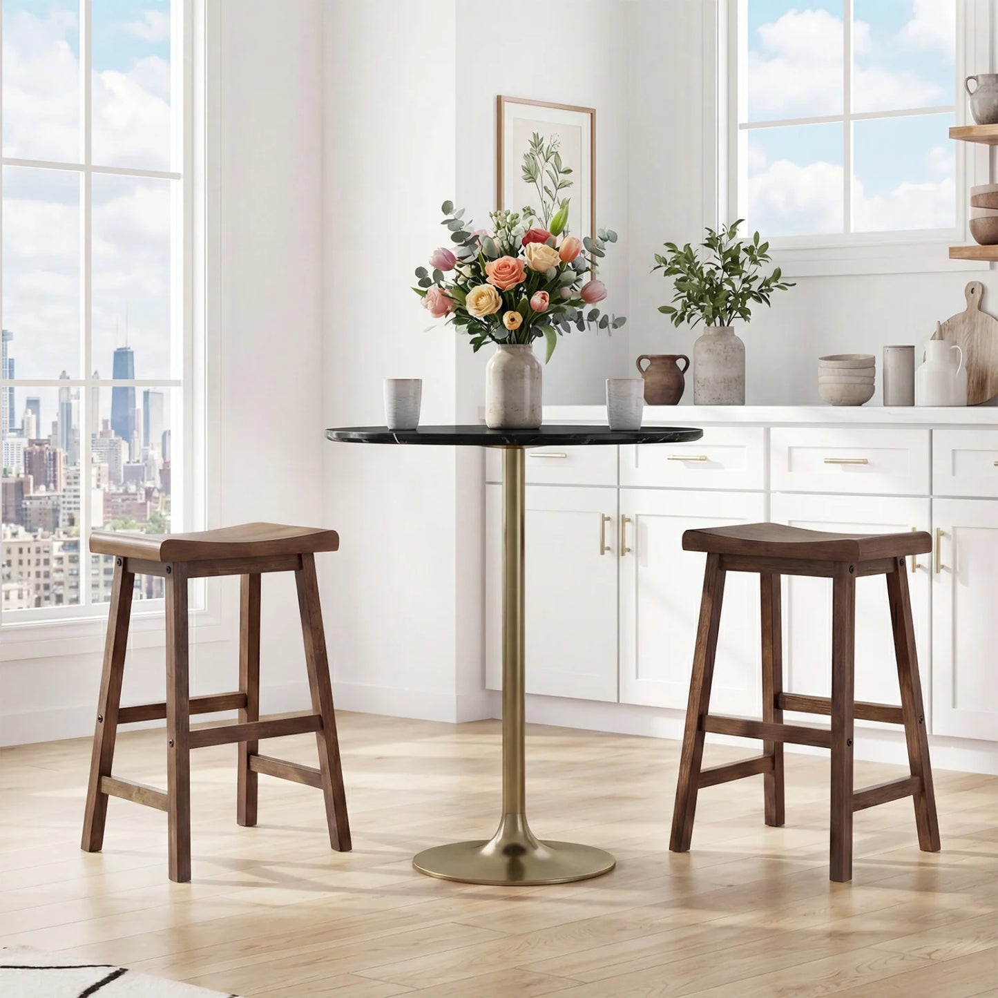 24 Inch Counter Height Stools Solid Wood Saddle Bar Stools Set of 2-Black