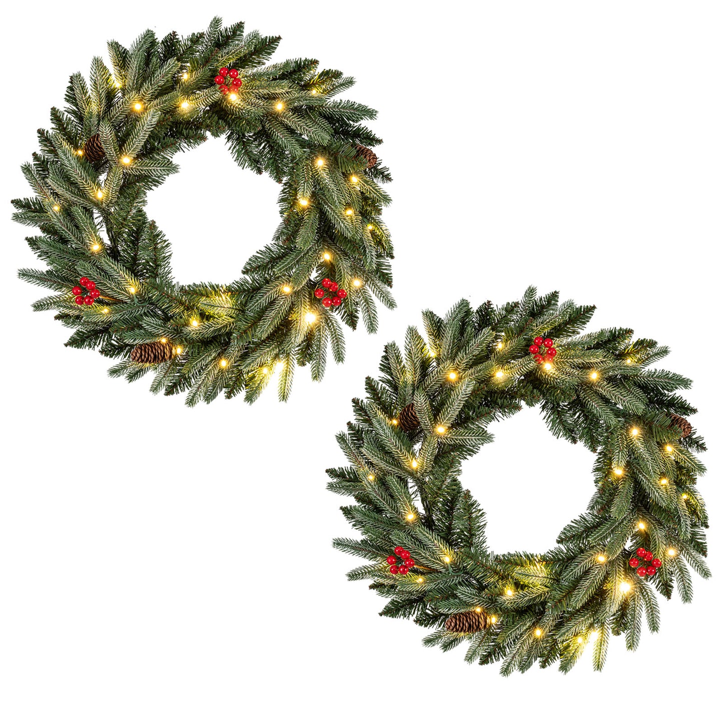 24” Pre-lit Christmas Wreath Set of 2 Front Door Artificial Xmas Wreath with 90 Frosted Branch Tips