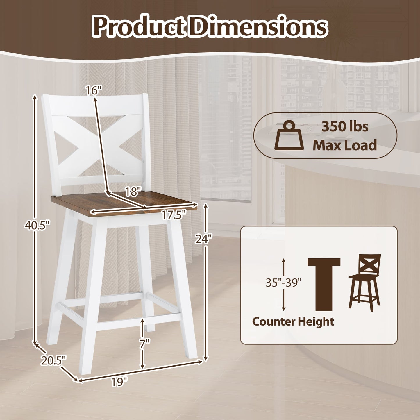 24" Rubberwood Swivel Barstools Set of 4 with Backrest and Large Seat-Black