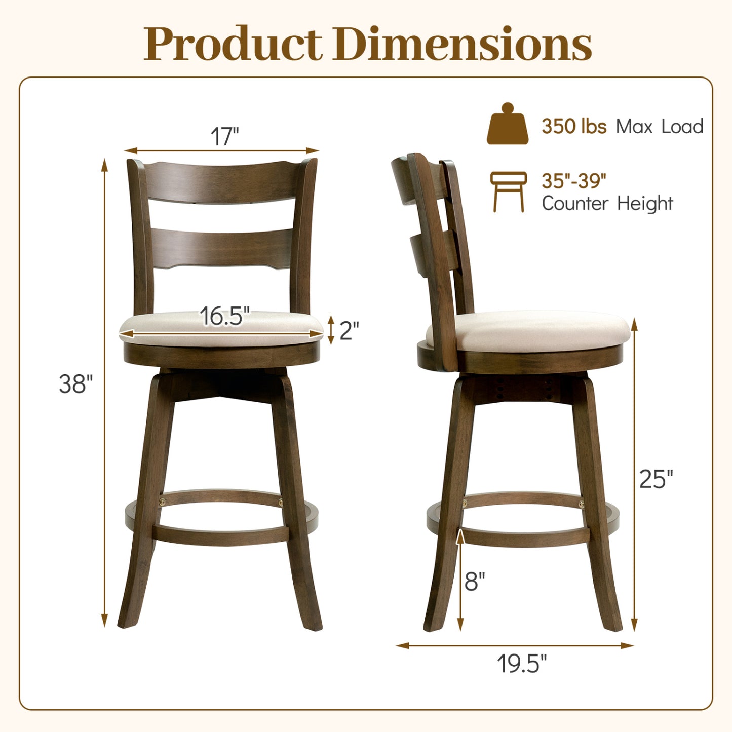 25 Inch Swivel Counter Barstools with Backrest & Upholstered Seat-Set of 4