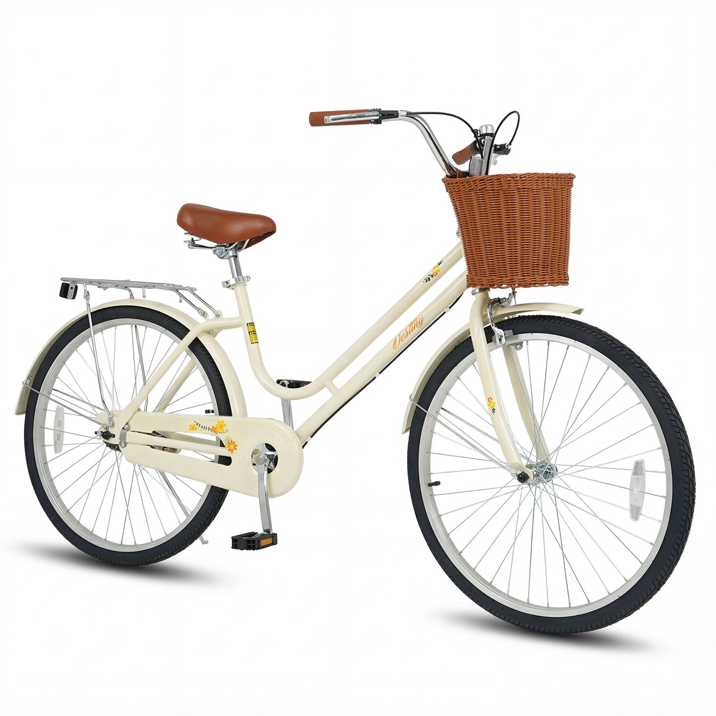 24 Inch Beach Cruiser Bike for Women with Woven Basket and Rear Rack - Beige