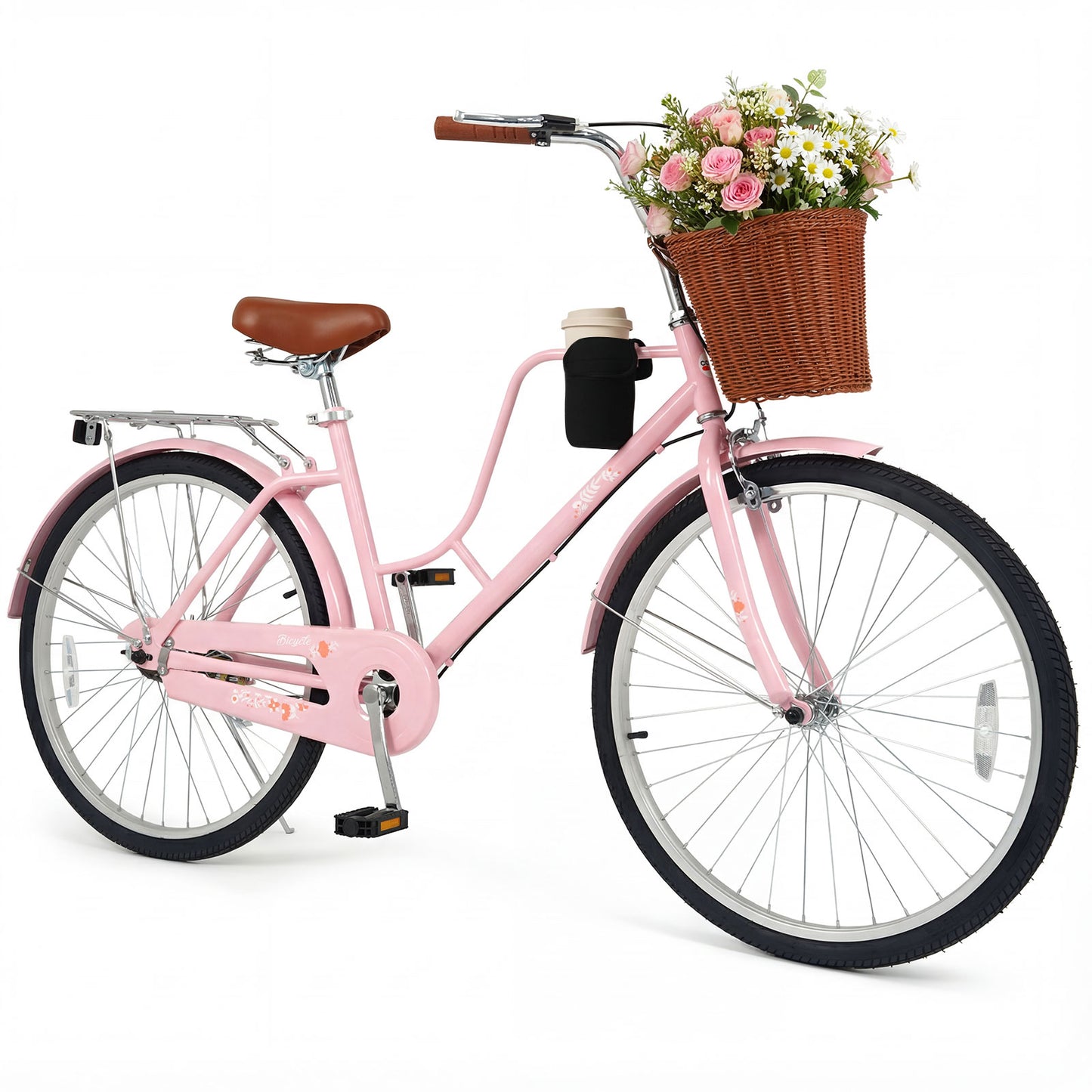 26-Inch Beach Cruiser Bike with Cup Holder and Woven Basket - Pink