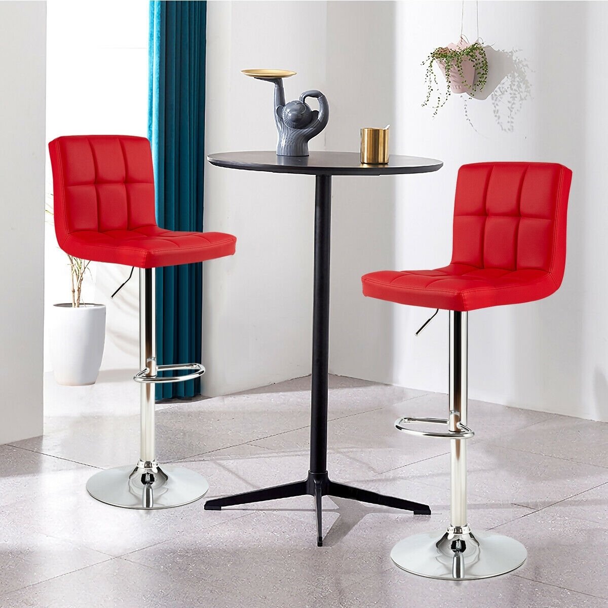 Set of 2 Square Swivel Adjustable PU Leather Bar Stools with Back and Footrest-Black