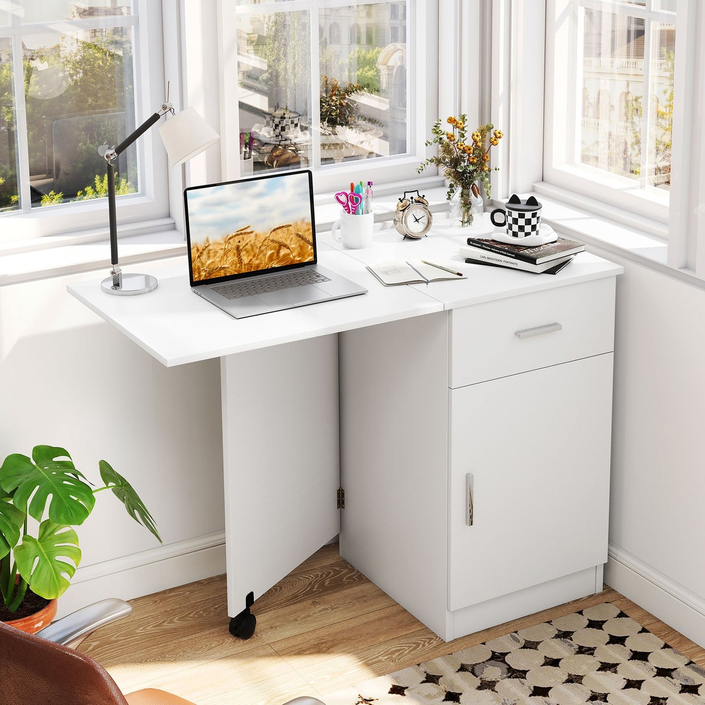 Folding Computer Desk with Drawer Mobile Home Office Desk with Cabinet-Black