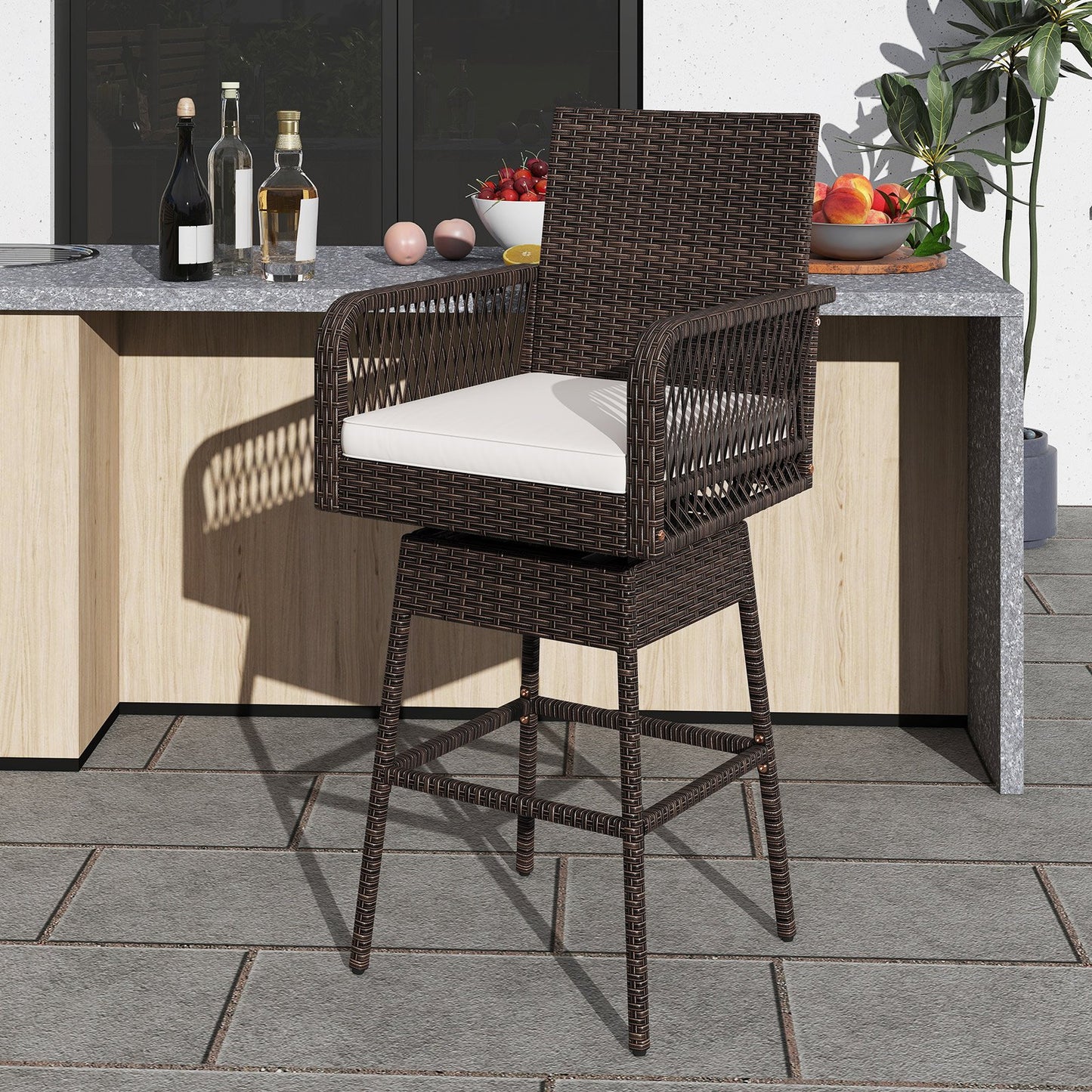 29 Inches Patio 360° Swivel Bar Stool with Cross-Woven Armrests and Seat Cushion-White