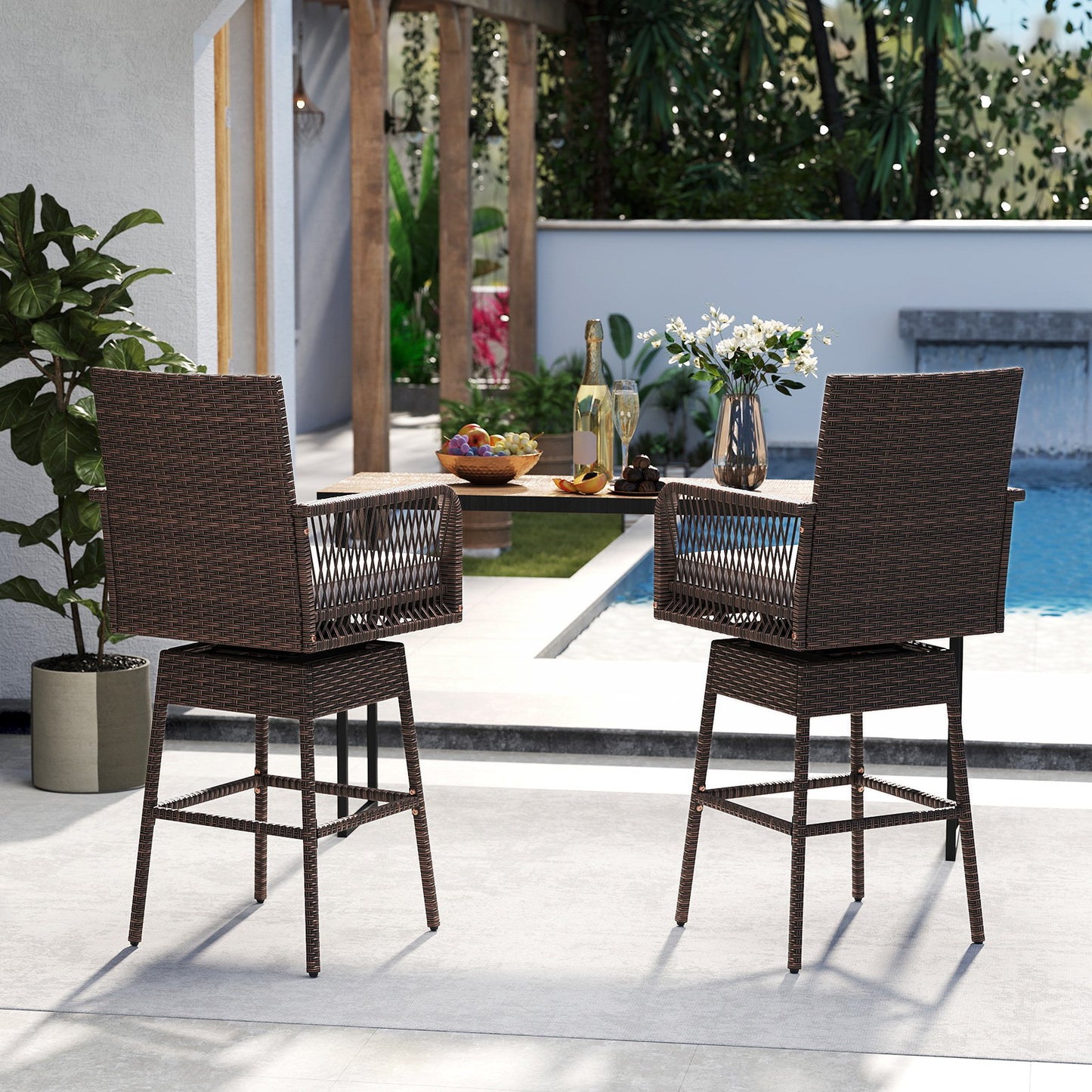29 Inches Patio 360° Swivel Bar Stool with Cross-Woven Armrests and Seat Cushion-White