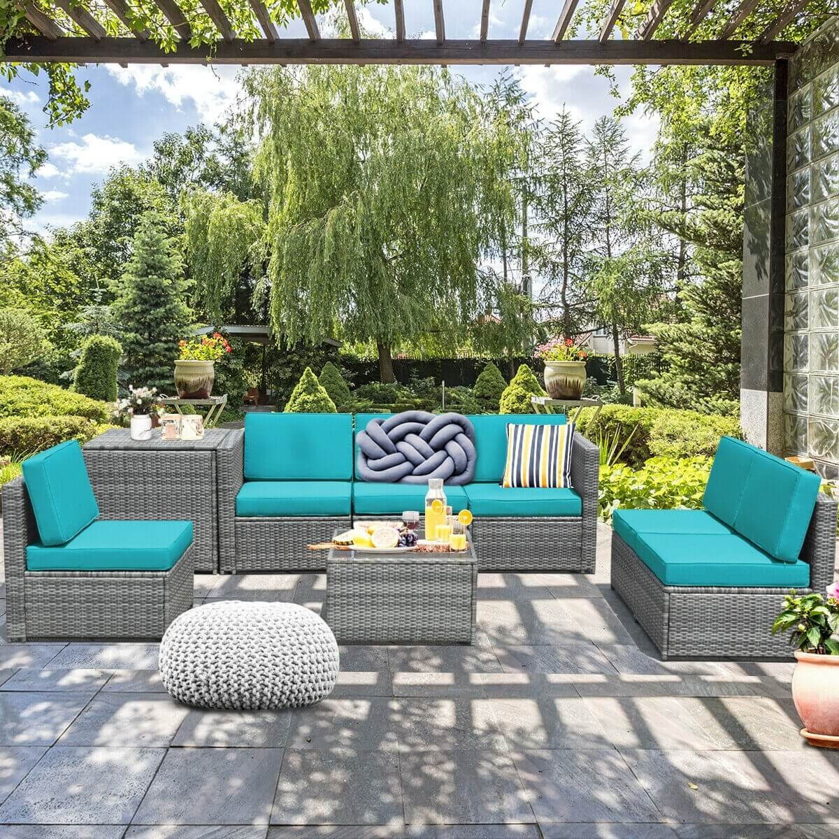 8 Piece Wicker Sofa Rattan Dinning Set Patio Furniture with Storage Table-Black