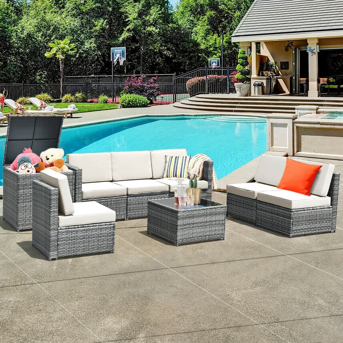 8 Piece Wicker Sofa Rattan Dinning Set Patio Furniture with Storage Table-Black