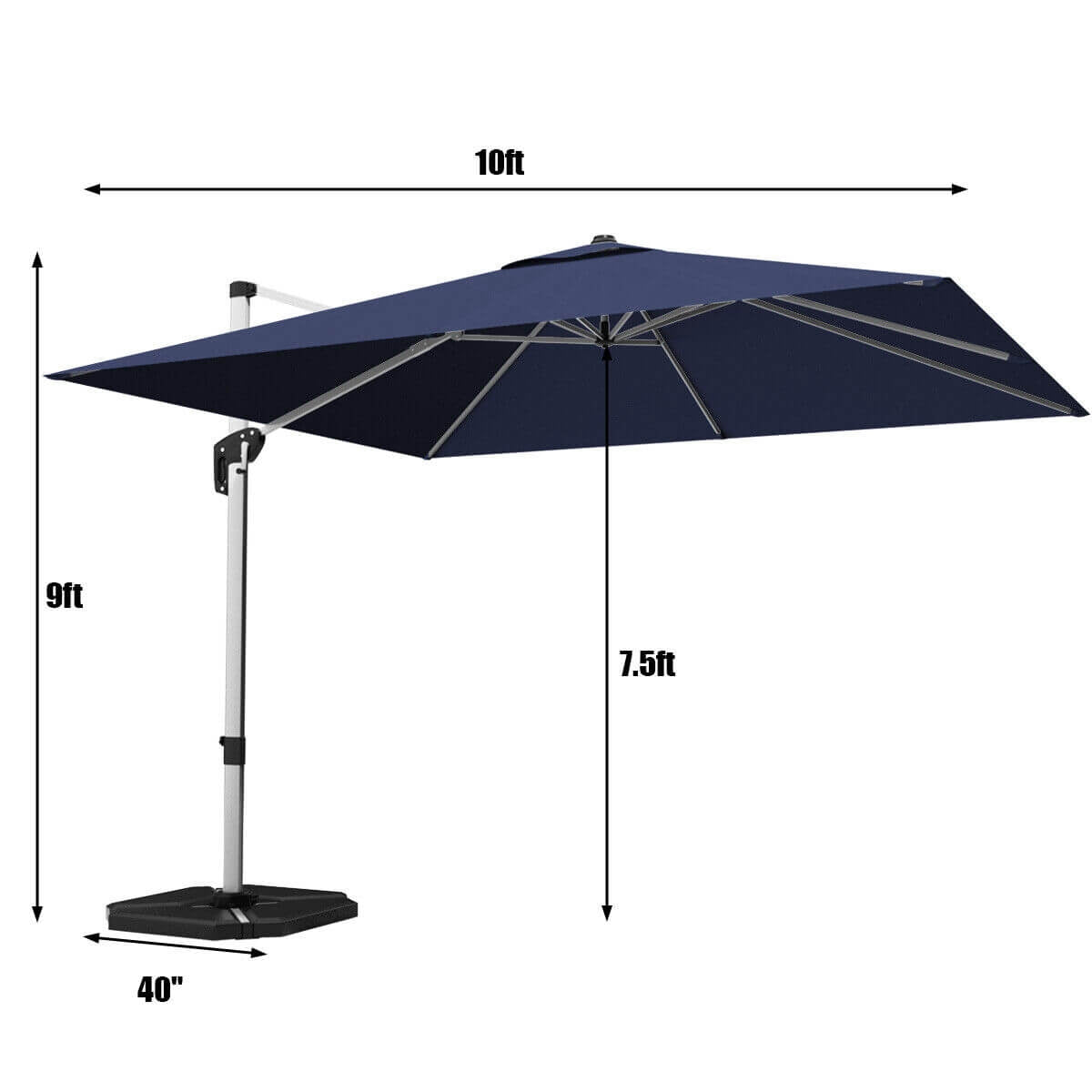 10 Feet 360° Tilt Aluminum Square Patio Umbrella without Weight Base-Navy