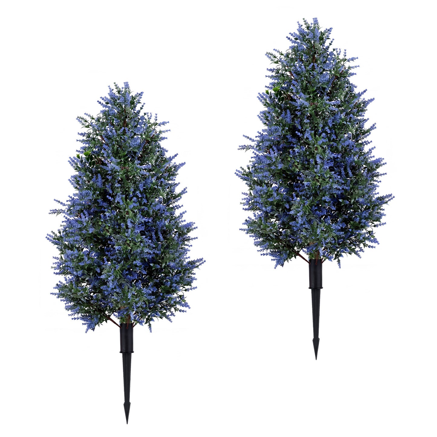 Two 3.3 ft artificial lavender topiary trees with ground spikes for indoor outdoor decorative use, from Wilsons Home Store.