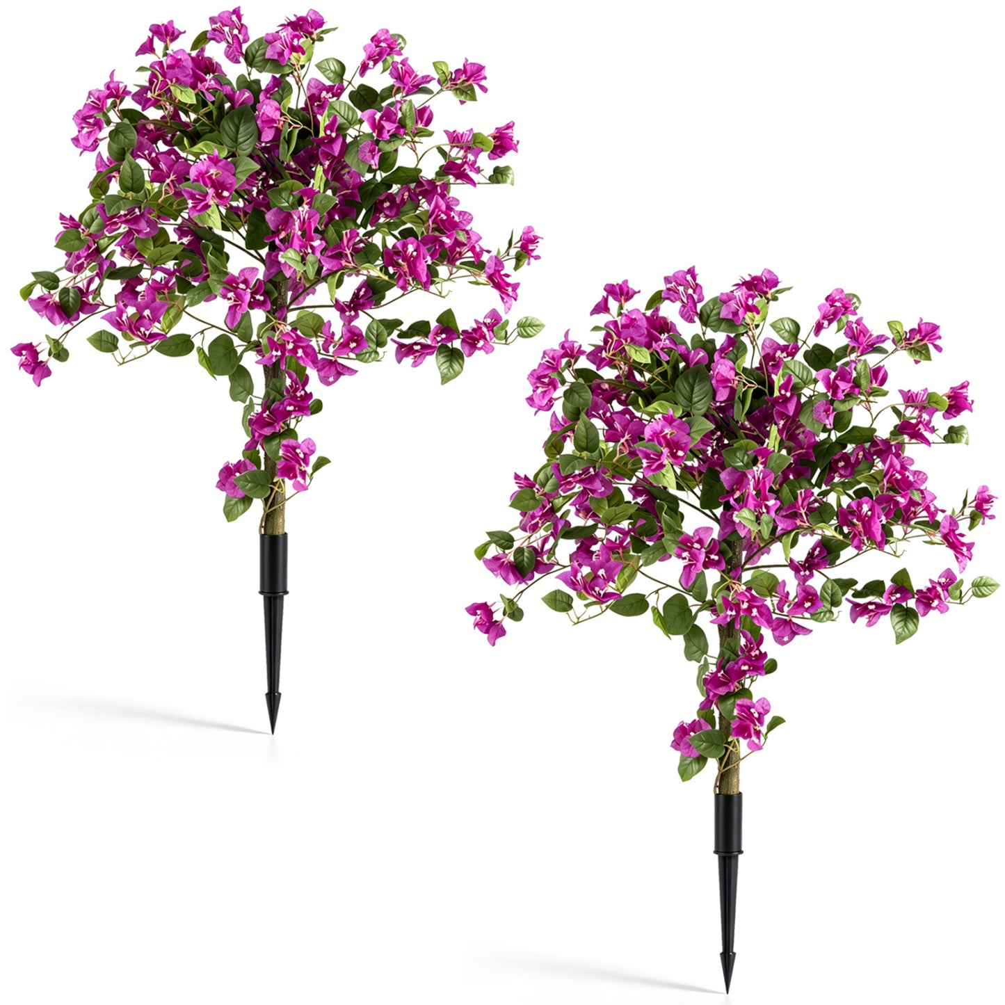Two artificial Bougainvillea trees with ground spikes and PE trunks, decorative faux plants for porch or home decor.