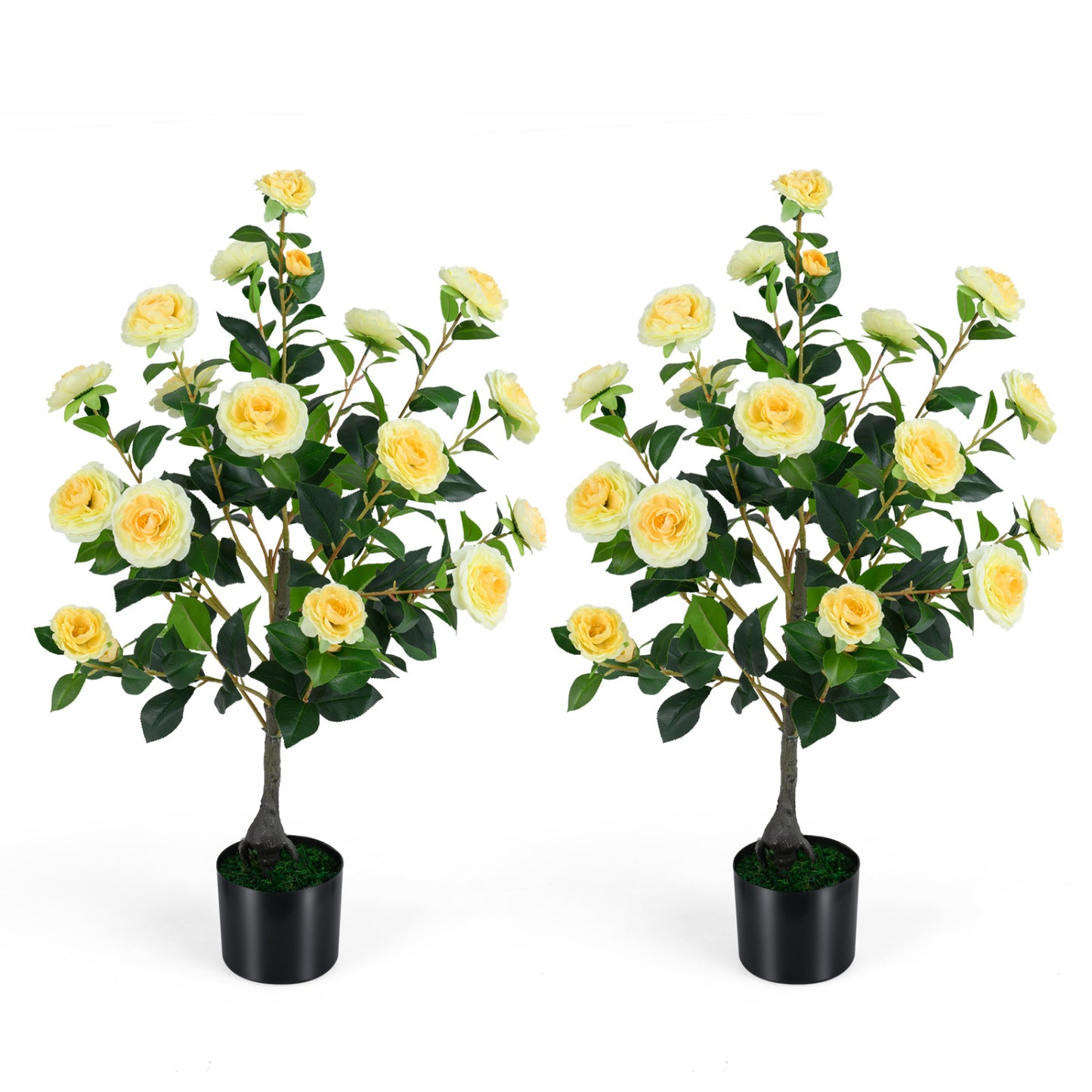 2-Pack Artificial Camellia Tree Faux Flower Plant in Cement-Filled Pot-Pink