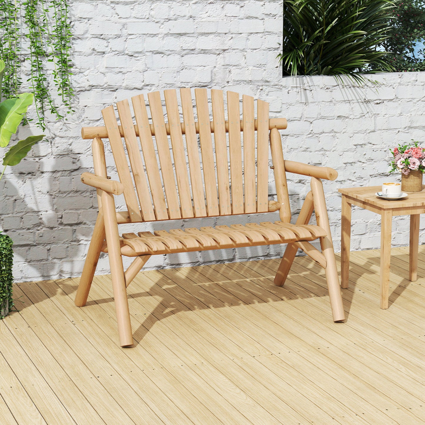 2-Person Log Wood Patio Bench with Slatted Backrest for Deck Backyard-Brown