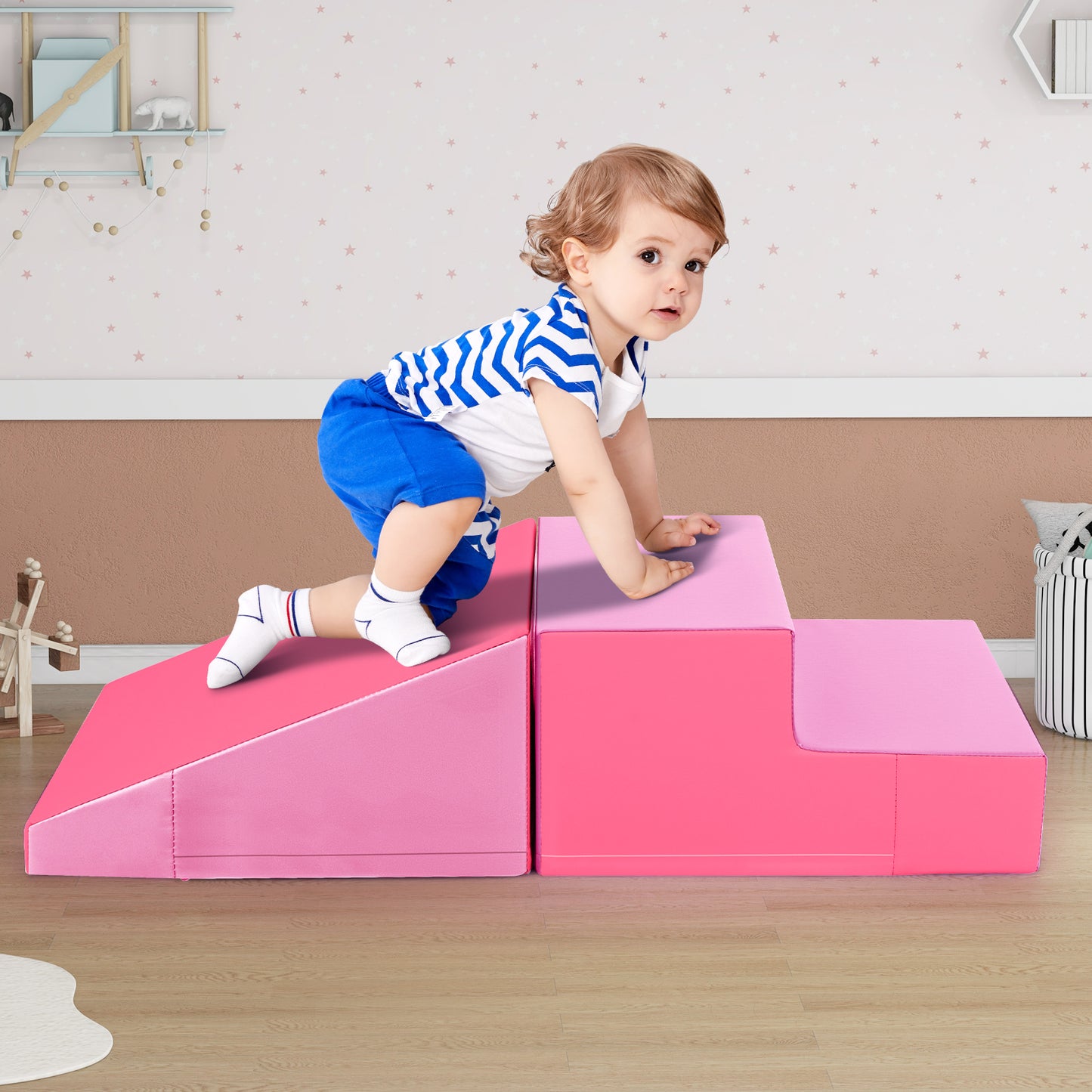 2-Piece Step and Slide Climber for Infants and Toddlers Baby Soft Play Set Foam Blocks-Blue