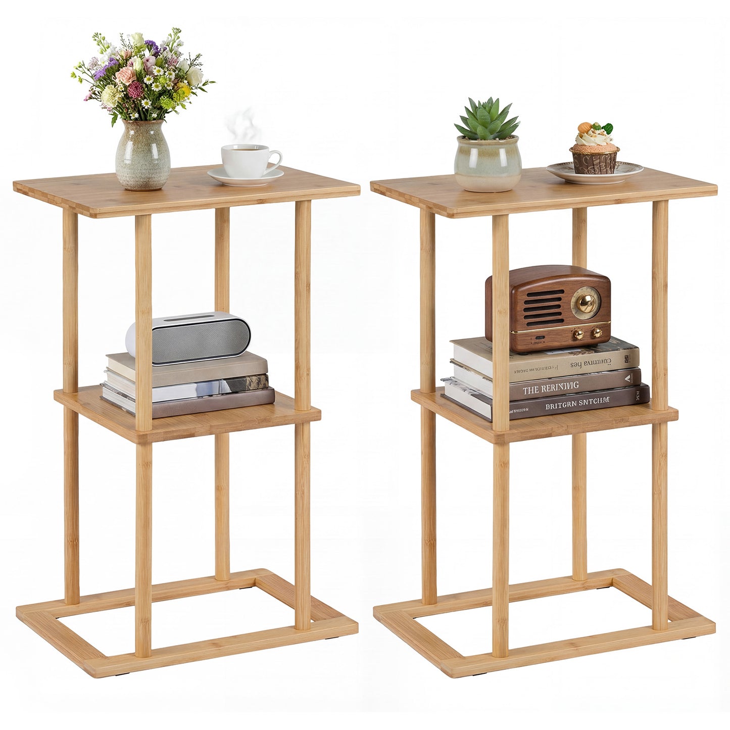 2 Pieces Side Table with Storage Shelves and Bamboo Construction-Natural