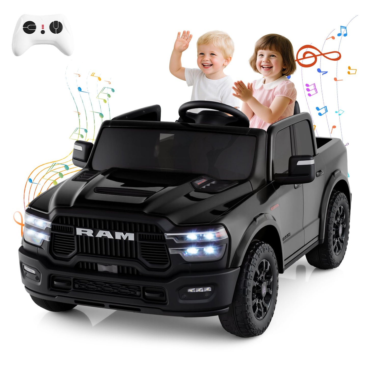 2 Seater 24V Ride on Toy for Big Kids Licensed Ram Truck with Remote and Music-Black