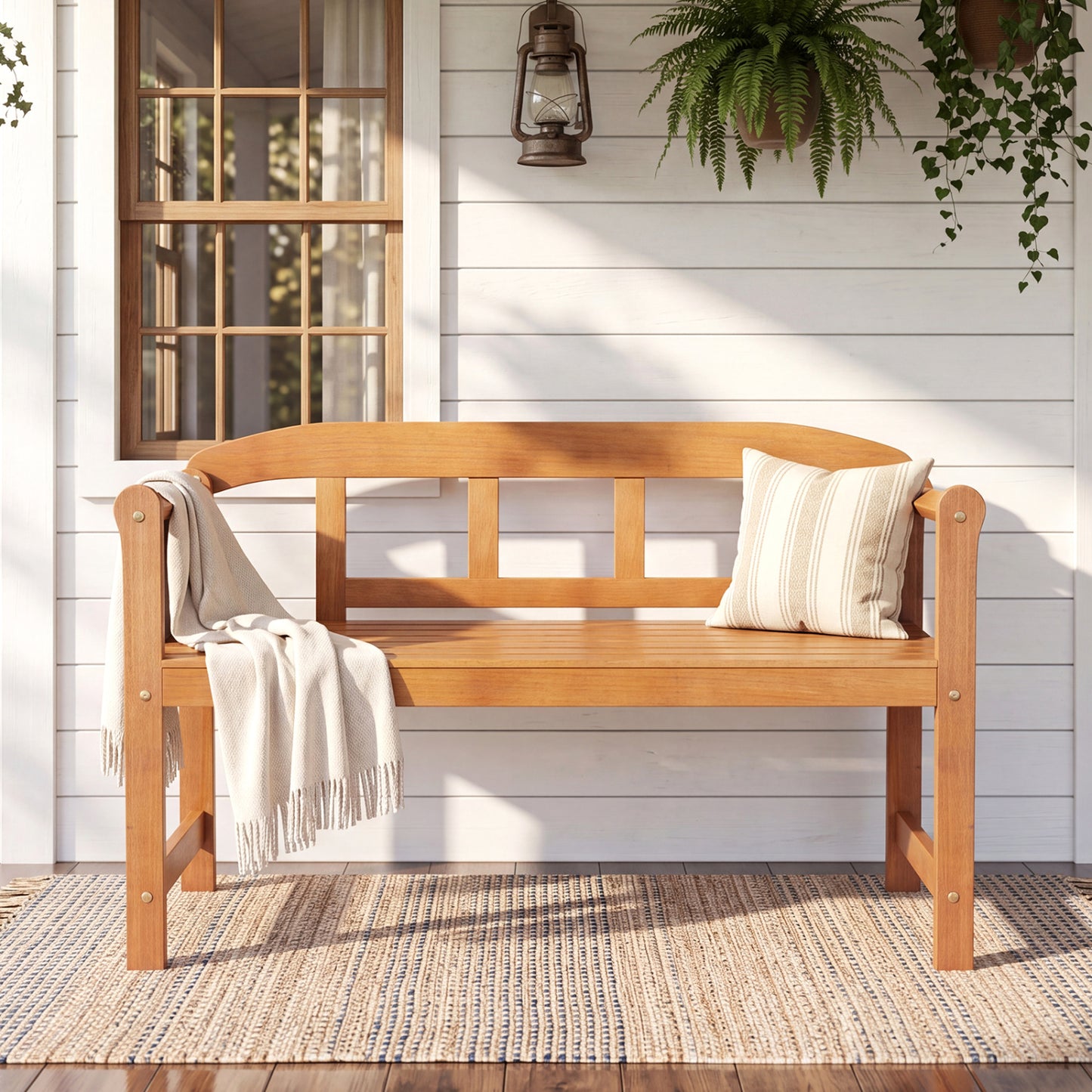 Two-seater outdoor acacia wood garden bench with backrest and armrests for patio seating, ideal for outdoor patio or garden use.