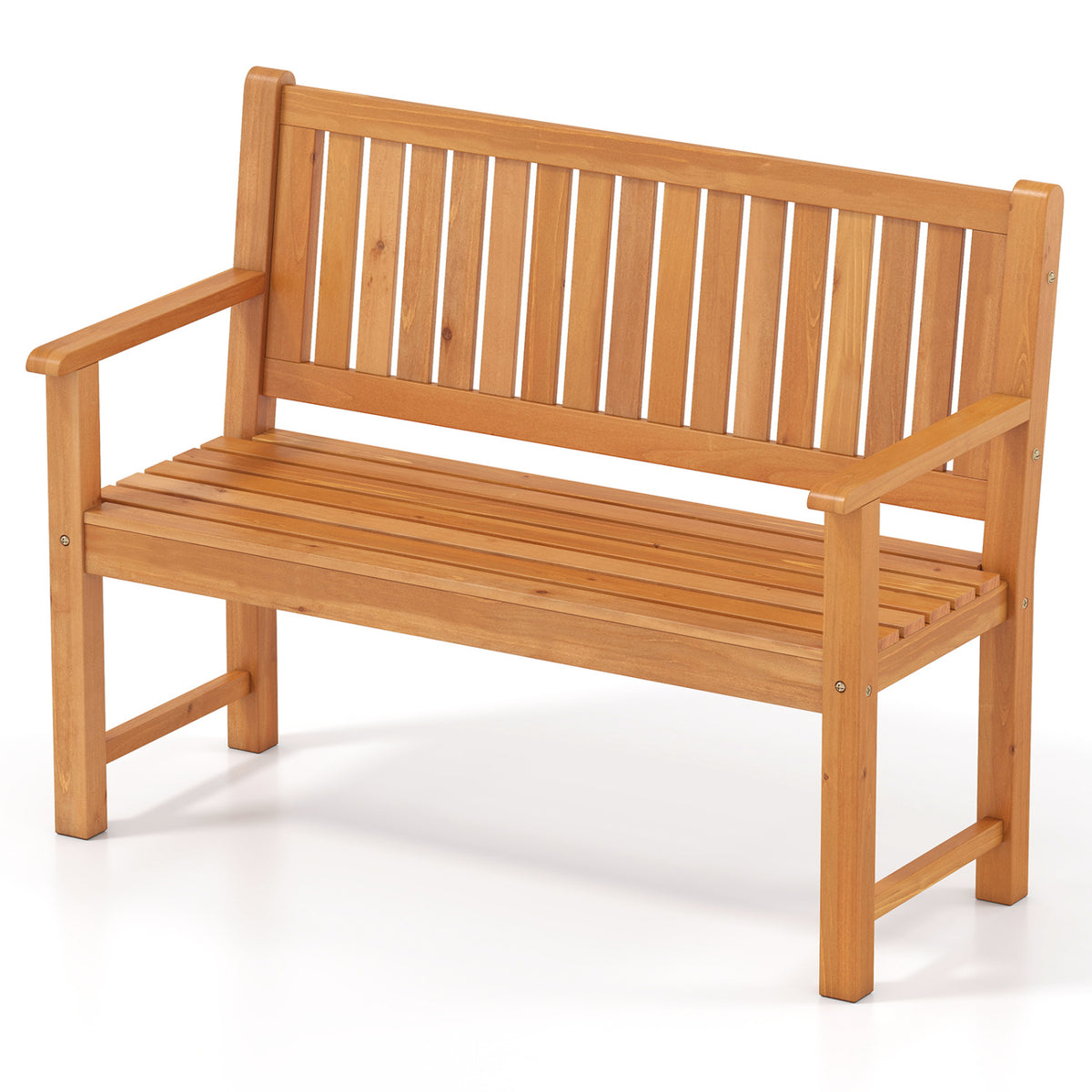 Brown 2-seater outdoor wooden bench with backrest and armrests, perfect for patio seating, by Wilsons Home Store