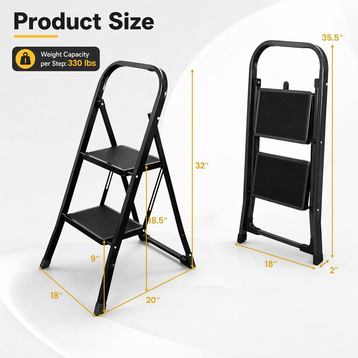 2 Step Ladder Folding Step Stool with Handrail and Wide Anti-Slip Pedals