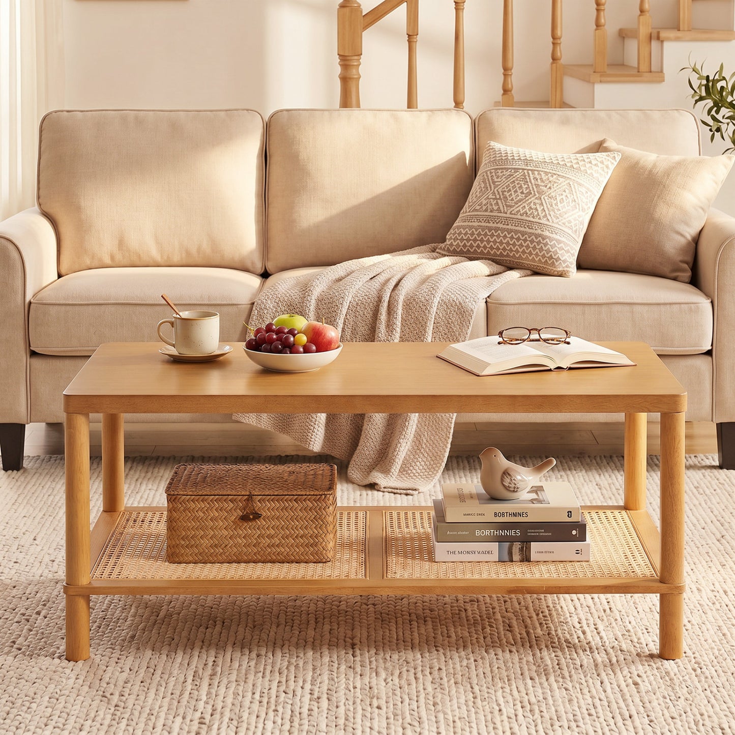 Black 2-tier boho coffee table with rubber wood frame and PVC rattan shelf, perfect for living room center table.