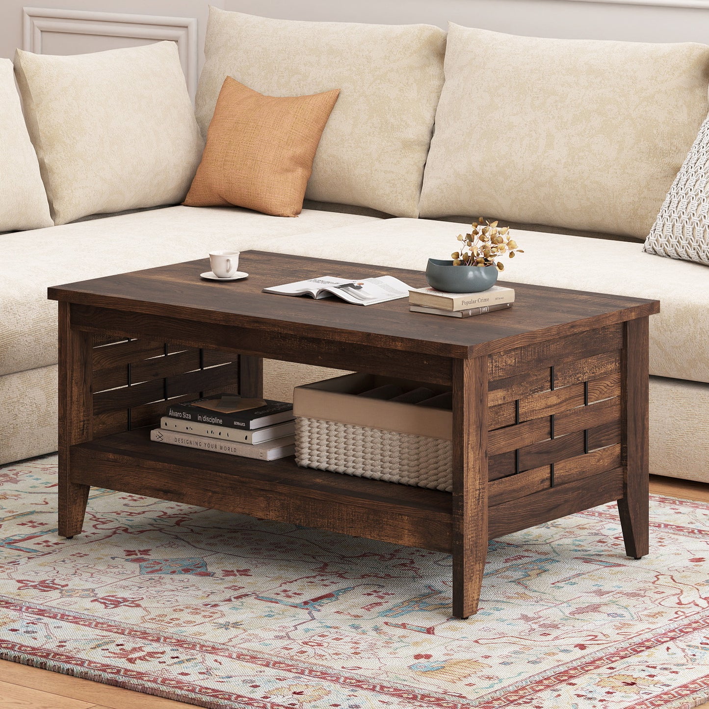 2-Tier Farmhouse Coffee Table with Open Shelf and Woven Decorations for Living Room-Oak