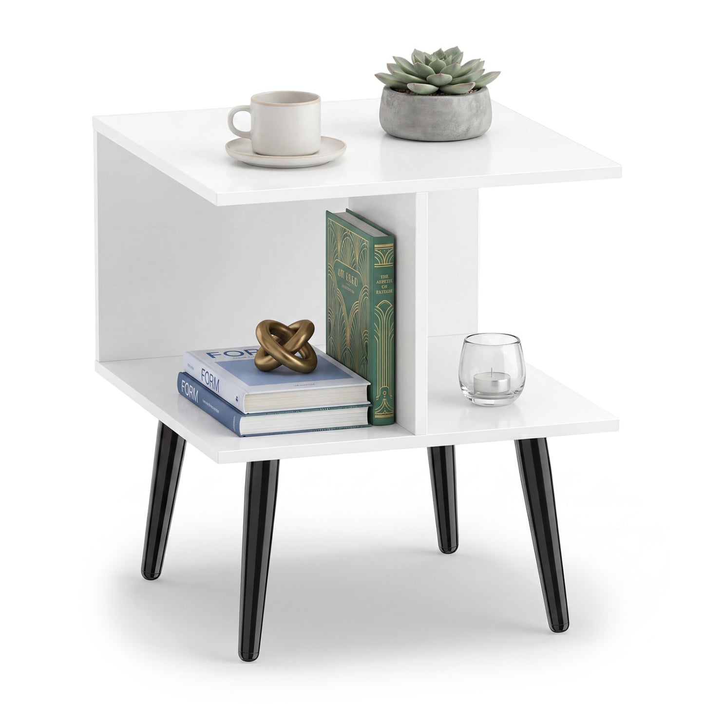 White 2-tier mid-century modern end table with metal legs and two compartments, ideal for living room storage.