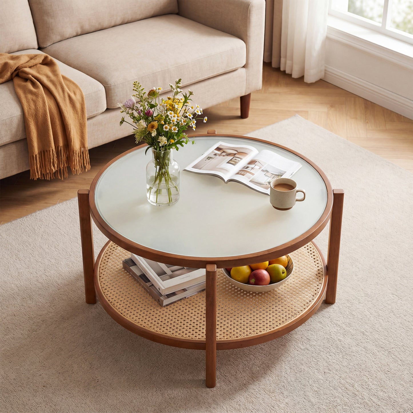 2-tier rattan coffee table with frosted glass top and wood legs in walnut finish, suitable for living room decor.