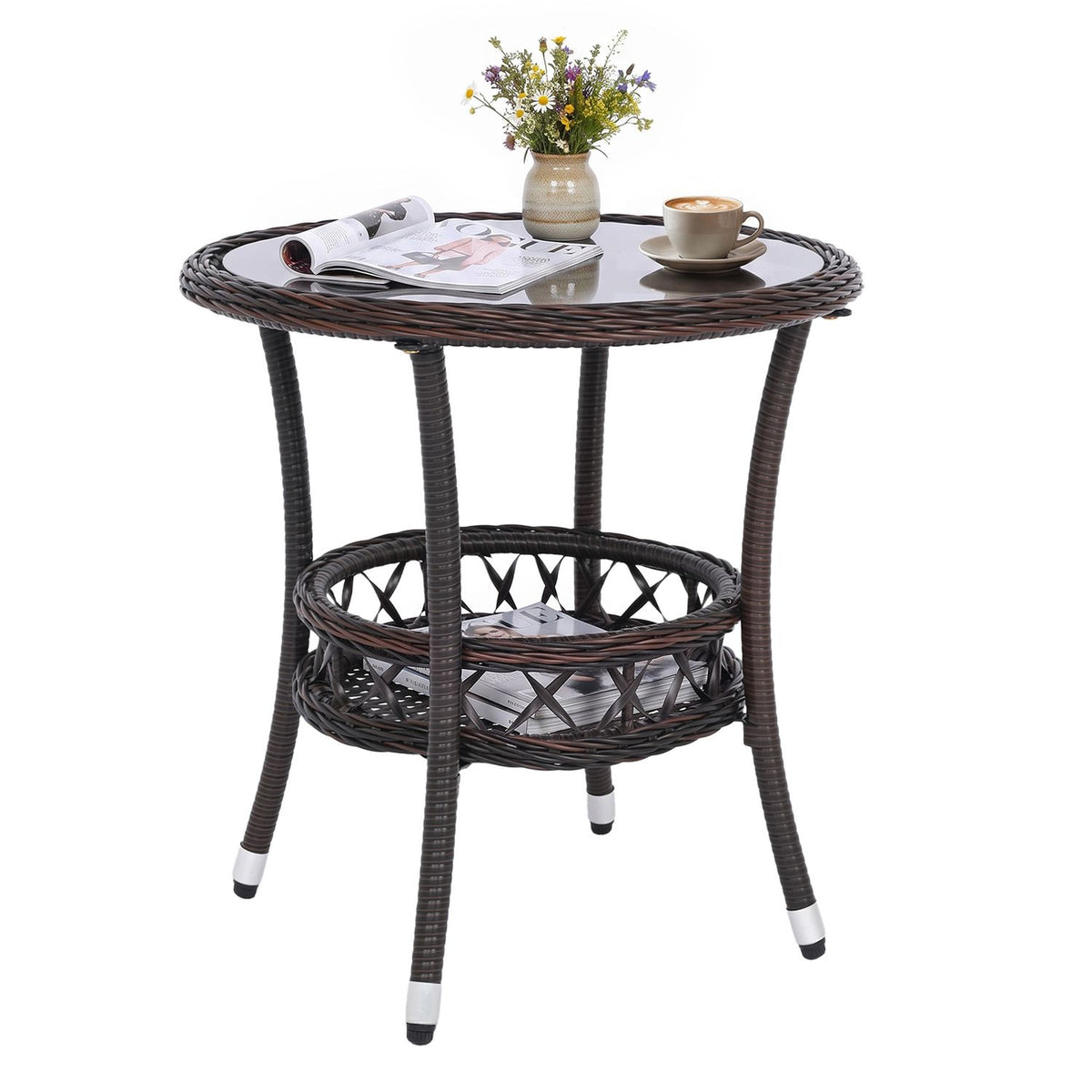 Two-tier small bistro table set with tempered glass tops and storage shelves, ideal for outdoor patio use.