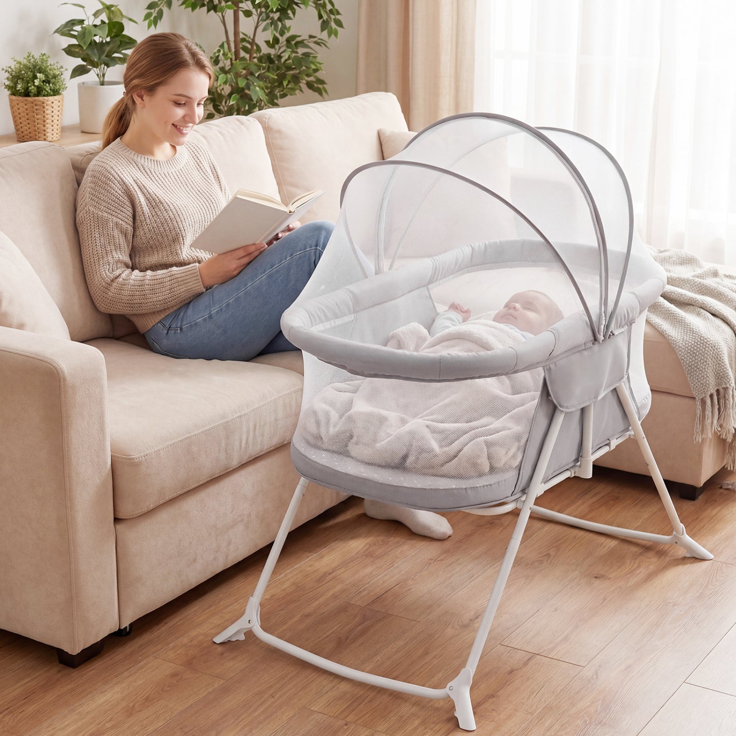 Beige 2-in-1 baby bassinet with rocking motion and foldable design, featuring breathable mesh for nursery sleep comfort.