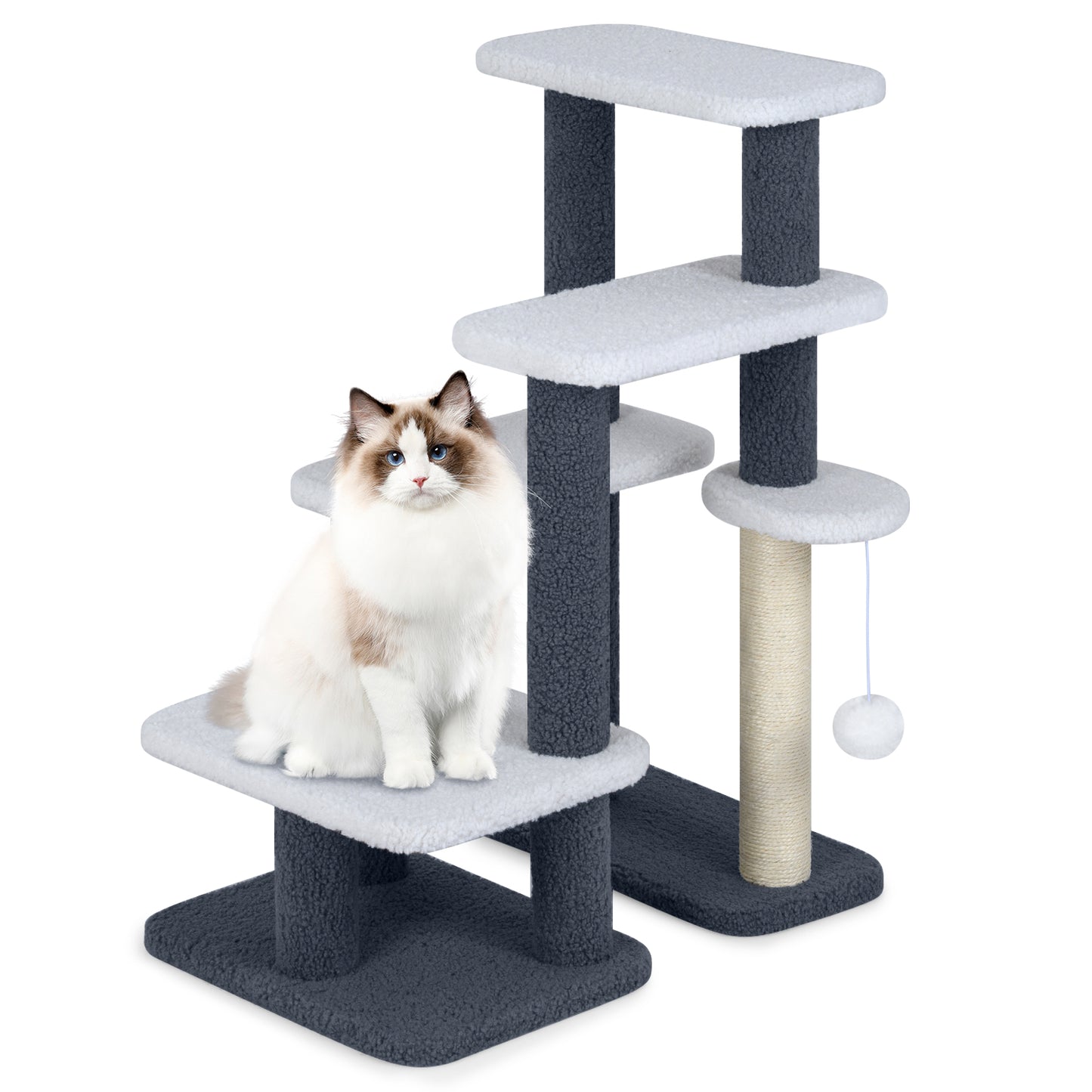2-in-1 Cat Stairs Cat Tree Tower with Scratching Posts and Hanging Toy Ball-Gray