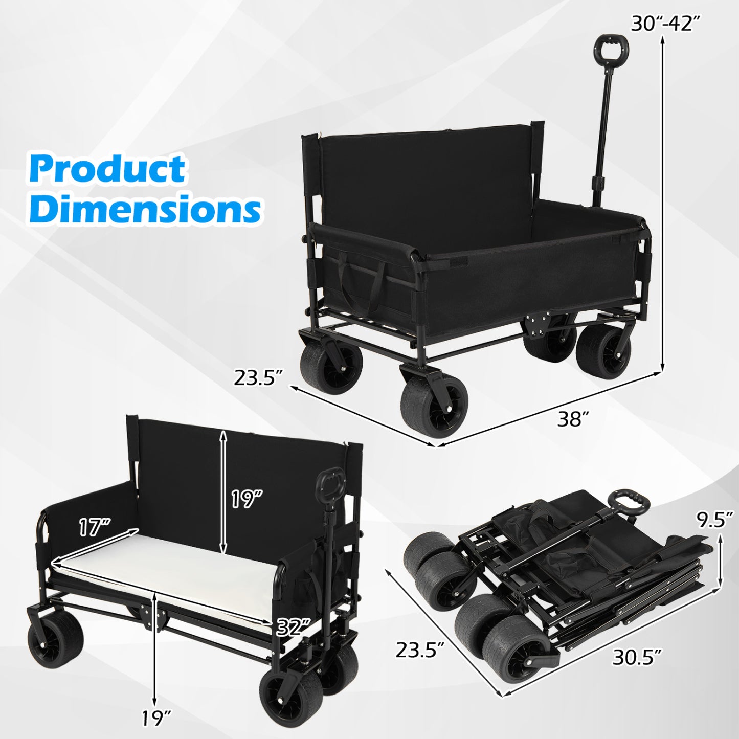 2-in-1 Wagon Bench Seat Combo Collapsible Beach Cart with Handle and Cushion-Black