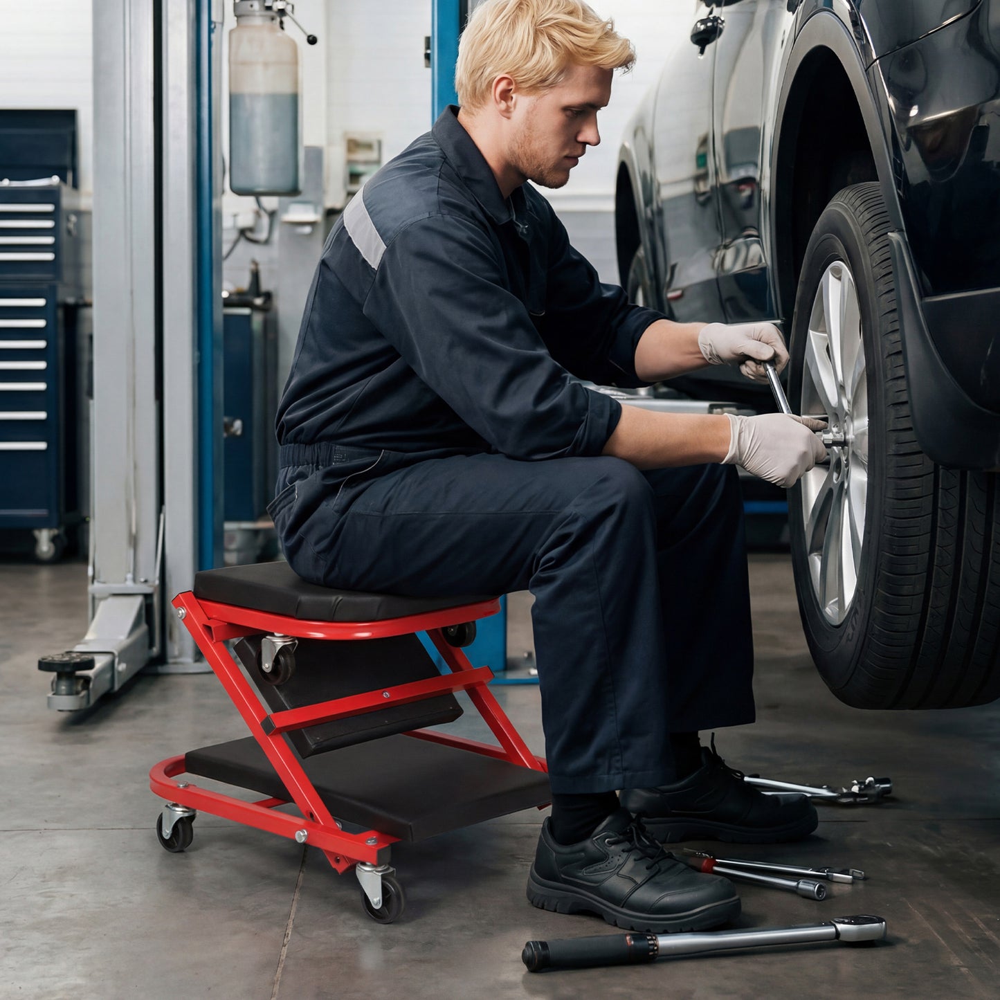 2-in-1 Z-Shaped Rolling Garage Stool 36" Folding Flat Automotive Creeper-Red