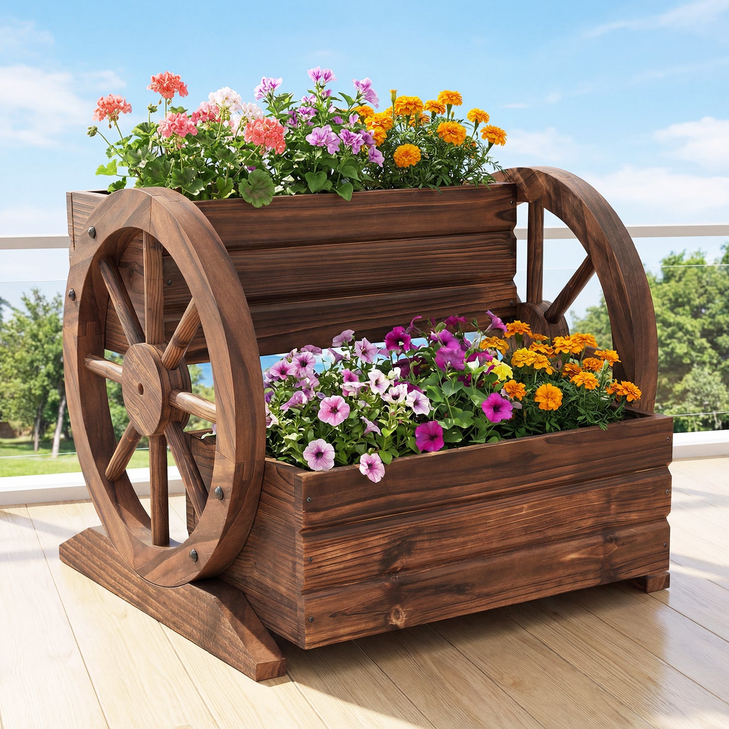 2-Tier Raised Garden Bed Rustic Wood Wagon Shape with Drainage Holes and Wheels-Coffee