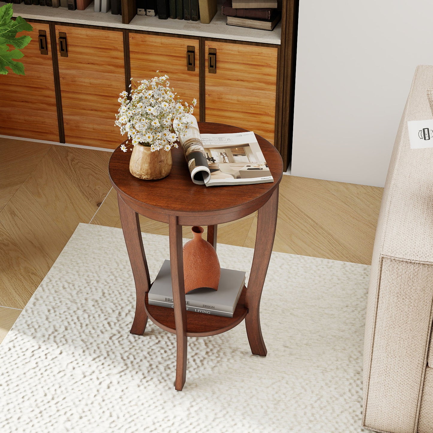 2-tier Round End Table with Solid Wood Legs-Brown