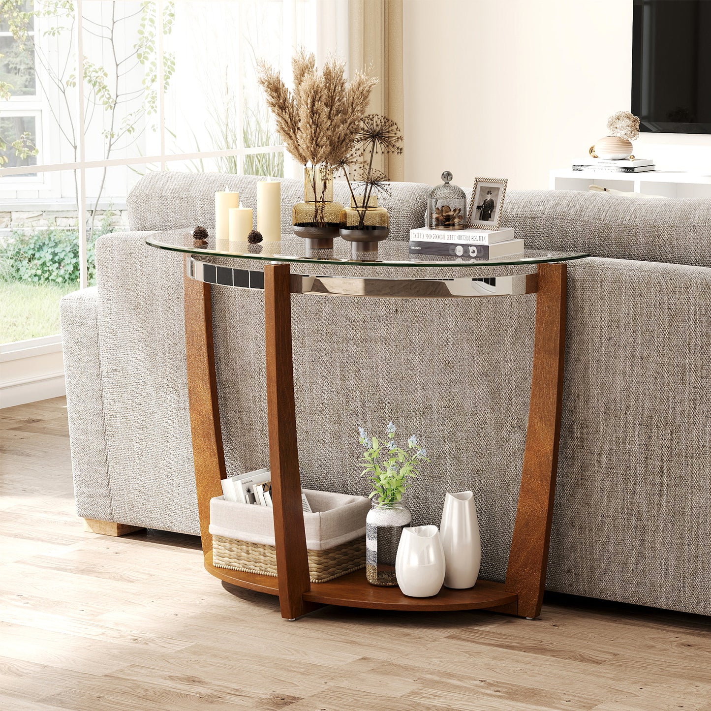 2-tier Tempered Glass Console Table with Clear Glass Top and Open Shelf-Black