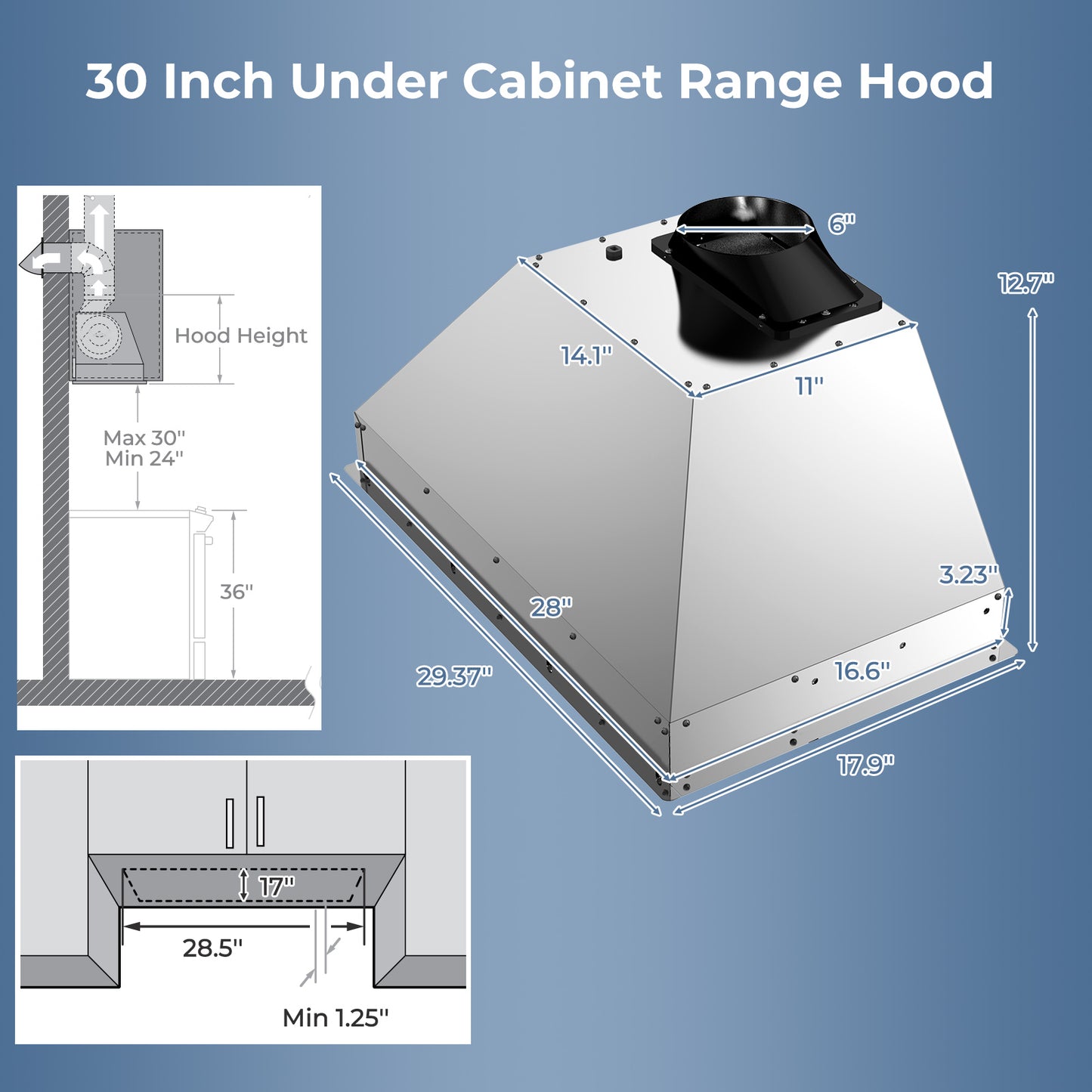 30 Inch Under Cabinet Range Hood with 4 Fan Speeds and Baffles Filters-Silver