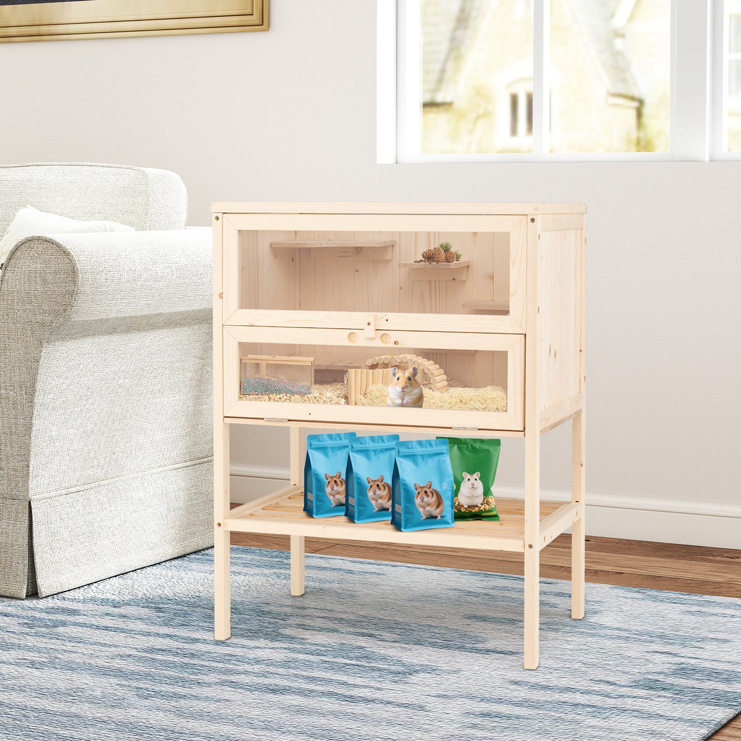 31.5 Inches Freestanding Hamster Cage Wooden Hamster Habitat Playpen-Natural