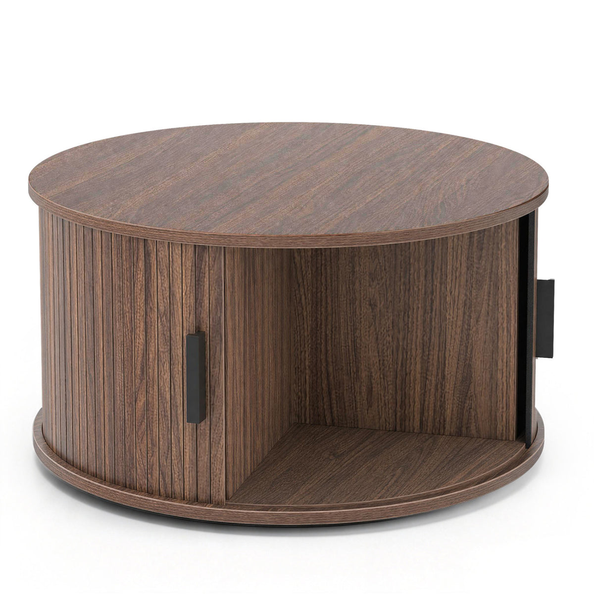 31.5" Round Coffee Table with Storage and Sliding Tambour Door for Living Room-Black